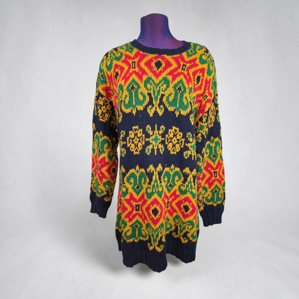Jones New York Sport Hand Knit Sweater Large Geometric Fair Isle Ramie Vintage